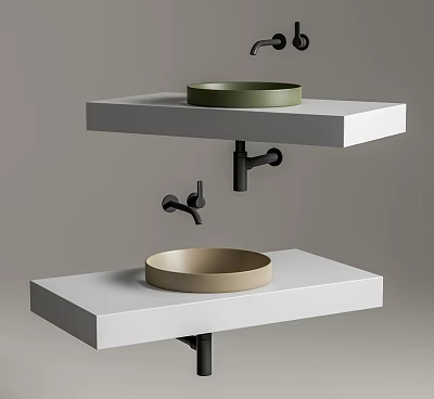 Green and Beige Washbasins on White Shelves with Black Wall Mounted Faucets 3d model