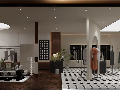Modern Clothing Store Interior with Open Layout Black and White Checkered Floor Wooden Racks and Mannequins 3d model