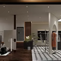 Modern Clothing Store Interior with Open Layout Black and White Checkered Floor Wooden Racks and Mannequins