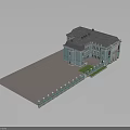 Classical Building Exterior With Cyan Facade Gray Roof Front Plaza And Lawn