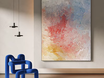 Vibrant Abstract Painting With Blue Red Yellow Tones Next To Blue Chair And Pendant Lights 3d model