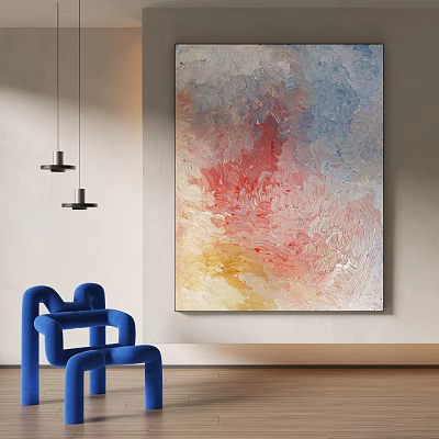 Vibrant Abstract Painting With Blue Red Yellow Tones Next To Blue Chair And Pendant Lights 3d model