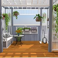 Terrace Garden With Wooden Flooring White Lattice Pergola Hanging Flower Baskets And Green Plants