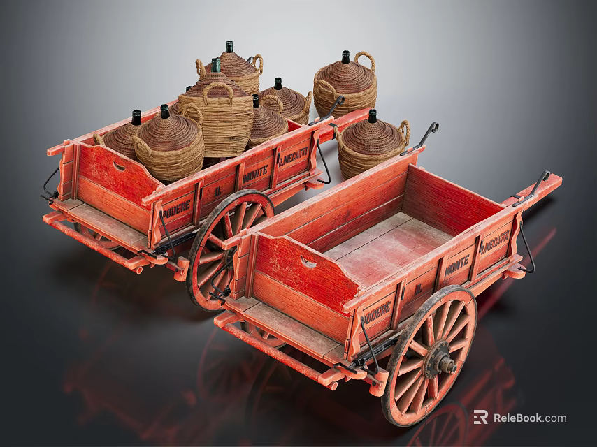 Vintage Red Wooden Carts With Wicker Baskets For Decorative Display Setup 3d model 
