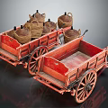Vintage Red Wooden Carts With Wicker Baskets For Decorative Display Setup