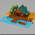 Wooden Cabin With Blue Roof Surrounded by Trees Water Wooden Dock And Small Boat
