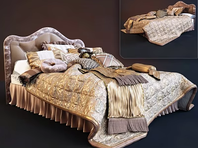 Luxurious Double Bed With Tufted Headboard Multiple Pillows And Ornate Quilt Design 3d model