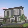 White Modern Office Building Exterior With Glass Curtain Walls Trees And Sunset Sky