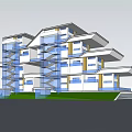 Modern Multi Story Building With Green Roof Balconies And Glass Windows