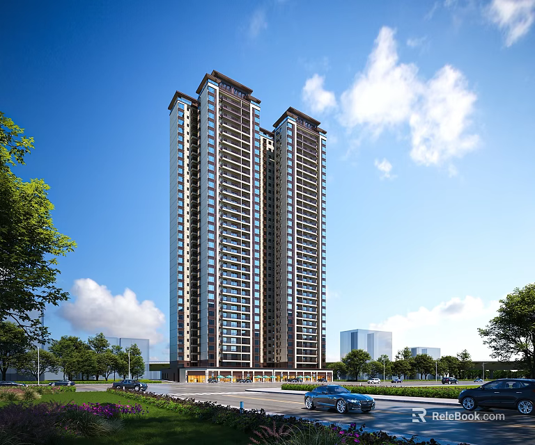 Modern Tall Residential Building with Greenery and Trees Along Urban Road Under Blue Sky 3d model 