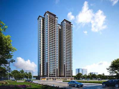 Modern Tall Residential Building with Greenery and Trees Along Urban Road Under Blue Sky 3d model