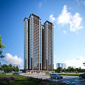 Modern Tall Residential Building with Greenery and Trees Along Urban Road Under Blue Sky