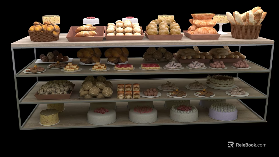 Dessert Shop Display With Various Cakes Bread Pastries And Snacks On Shelves 3d model 