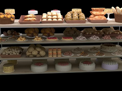 Dessert Shop Display With Various Cakes Bread Pastries And Snacks On Shelves 3d model