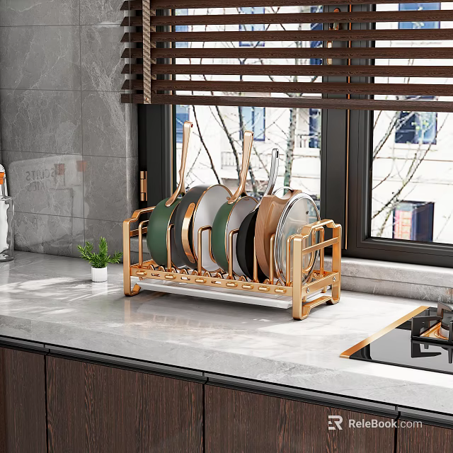Golden Metal Pot Rack Organizer For Kitchen Countertop With Hanging Pans 3d model 