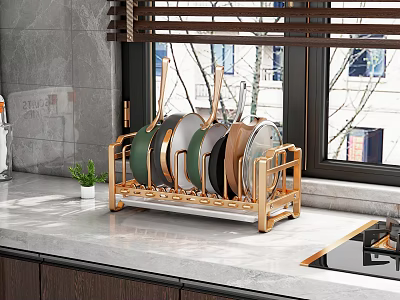 Golden Metal Pot Rack Organizer For Kitchen Countertop With Hanging Pans 3d model