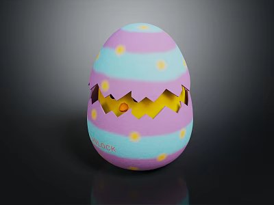Egg Shaped Doll With Purple Blue Stripes And Yellow Dots Cracked Shell Showing Yellow Interior 3d model