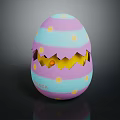Egg Shaped Doll With Purple Blue Stripes And Yellow Dots Cracked Shell Showing Yellow Interior