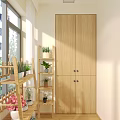 Home Balcony With Wooden Storage Cabinets Washing Machine Green Plants And Natural Light