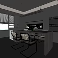 Modern Restaurant Kitchen With Open Design Black Cabinets Island Pendant Lights And Chairs