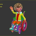 Cartoon Character in Wheelchair Waving with Brown Hair Yellow Jacket and Blue Shoes