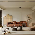 Modern Living Room Interior With Brown Sofa Green Chair And Round Coffee Table