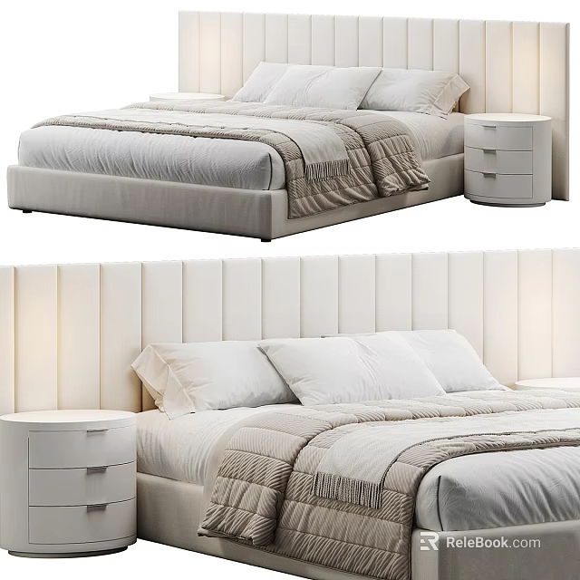 Modern Double Bed With Upholstered Headboard White Nightstand Linen Bedding And Neutral Tones 3d model 