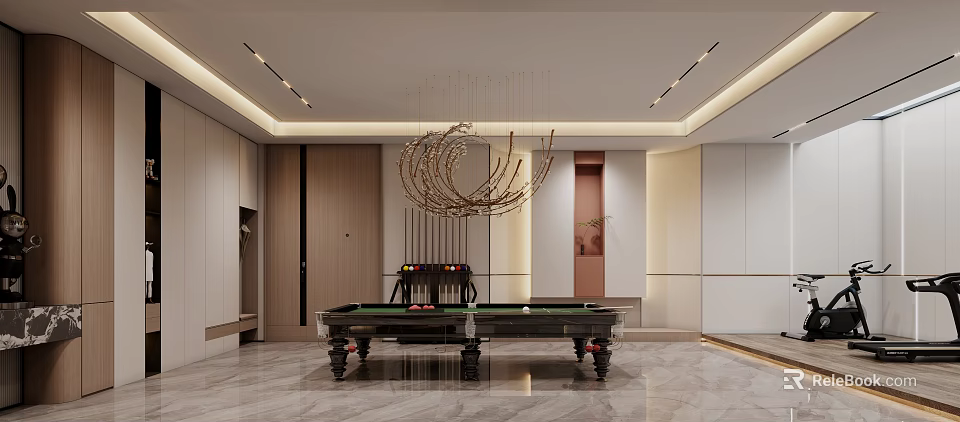 Modern Basement With Billiard Table And Chandelier 3d model