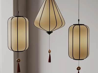 Traditional Chinese Chandeliers Featuring Black Frames Beige Shades And Hanging Tassels 3d model