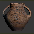 Ancient Pottery Jar With Dual Handles And Orange Blue Swirl Patterns