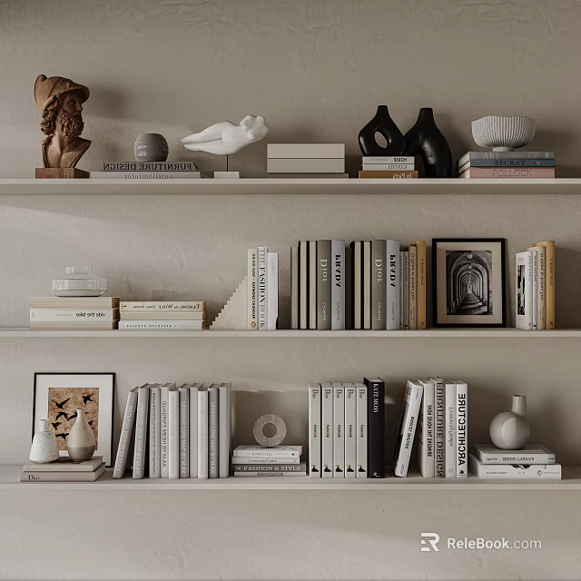 Decorative Ornament Set With Sculpture Bird Figurine Vase Books Photo Frame On Modern Minimalist Shelf 3d model 