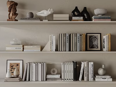 Decorative Ornament Set With Sculpture Bird Figurine Vase Books Photo Frame On Modern Minimalist Shelf 3d model