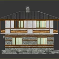 Two Story Residential Building with Gray Roof Chimney Stone Exterior And Wooden Balcony Railings