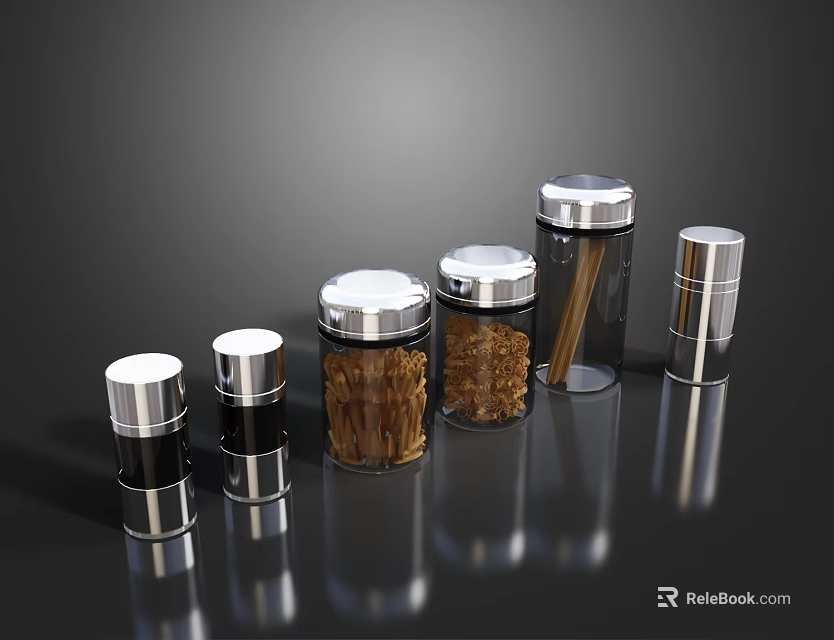 Clear Glass Kitchen Storage Jars With Silver Lids Holding Spices And Dried Ingredients On Black Surface 3d model 