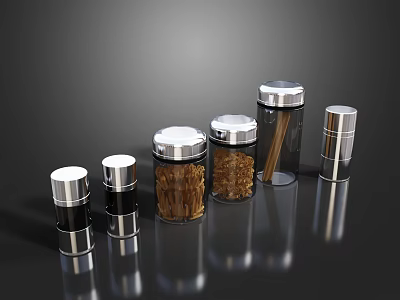 Clear Glass Kitchen Storage Jars With Silver Lids Holding Spices And Dried Ingredients On Black Surface 3d model