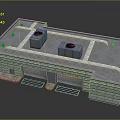 Cartoon Scene Of Gray Multi Story Building With Roof Equipment And Yellow Grid Entrance Area