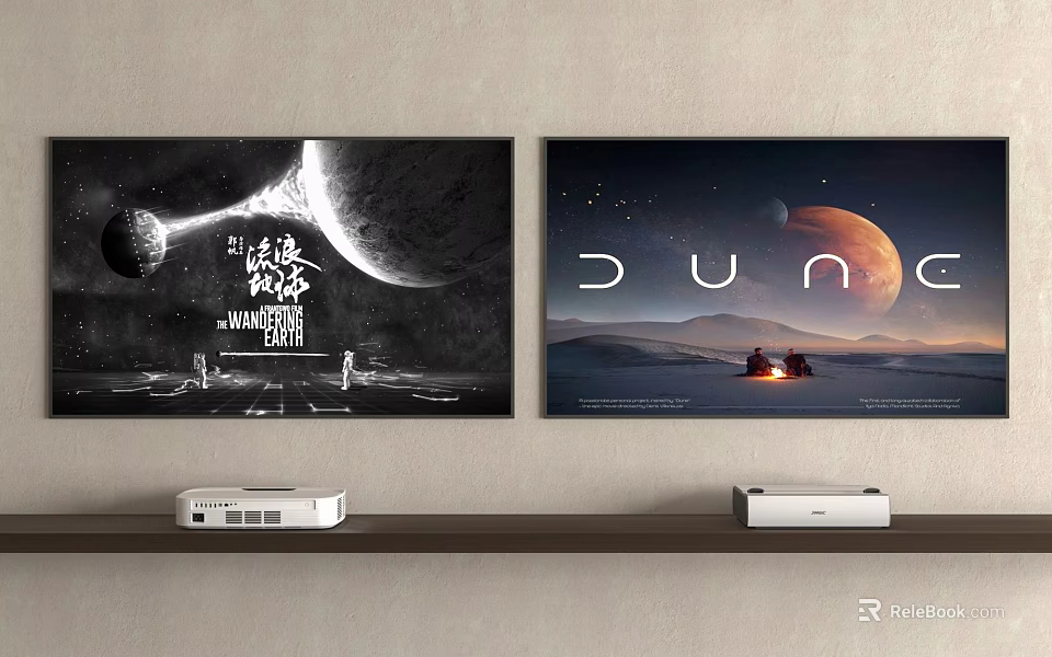Two TVs Displaying Sci Fi Movie Scenes On Living Room Wall 3d model 