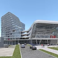 Modern Hospital Building High Rise With Glass Curtain Wall Plaza Parking Lot Trees Blue Sky