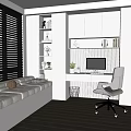 Modern Study Room With Window Blinds Bench Bookshelves Computer Desk And Office Chair
