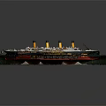 Detailed Ship Model with Yellow Funnels Red Hull in Dockside Diorama Including Railway Track