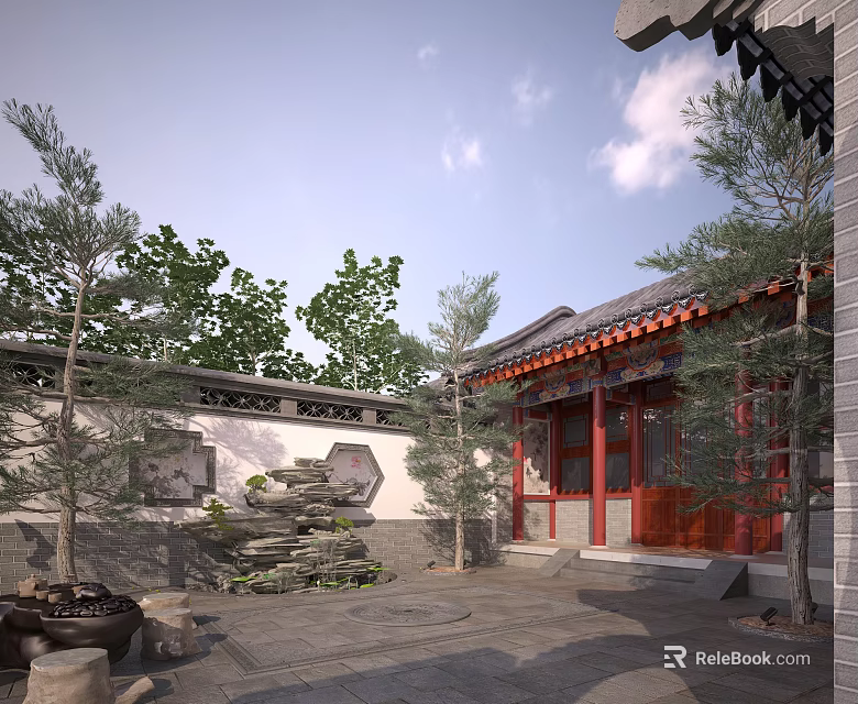 Traditional Chinese Courtyard Garden With Red Doors Rockery Pine Trees And Stone Path 3d model 