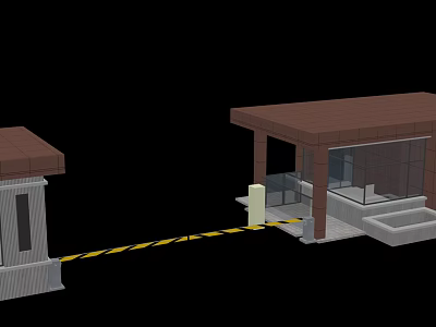 Brown Roofed Guard Booth Structures With Yellow Warning Tape And Glass Panels 3d model