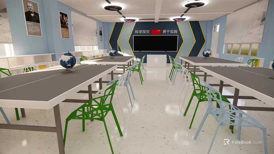 School Modern Learning Space with Desks Green and Blue Chairs Globes and Blackboard 3d model 