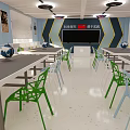 School Modern Learning Space with Desks Green and Blue Chairs Globes and Blackboard