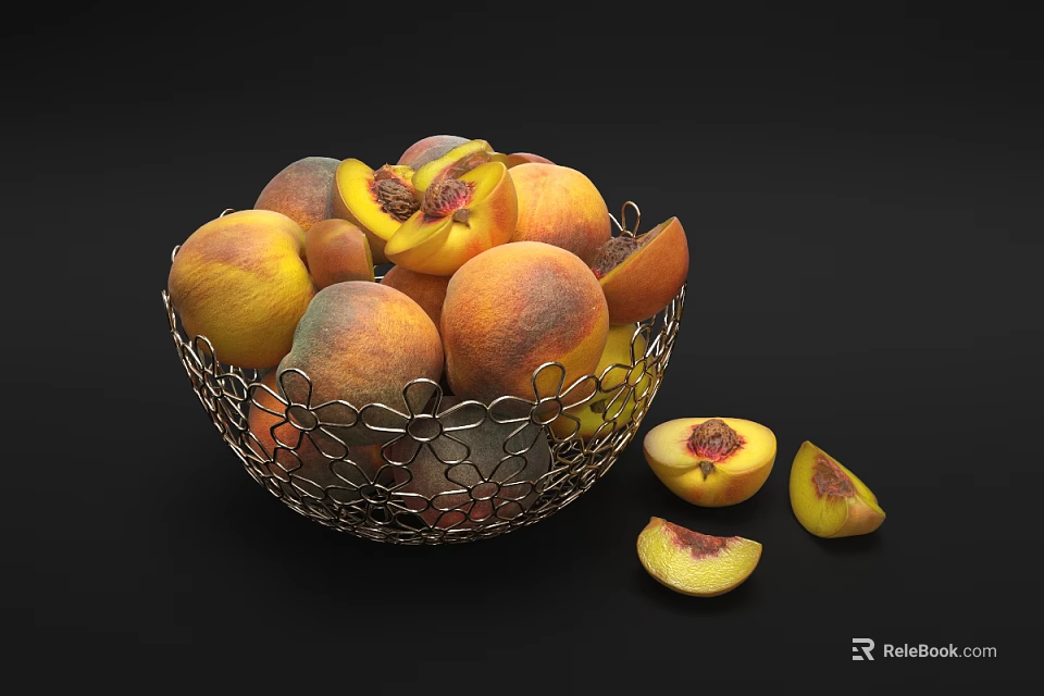 Fresh Whole and Sliced Peaches in Metal Basket on Black Background 3d model 