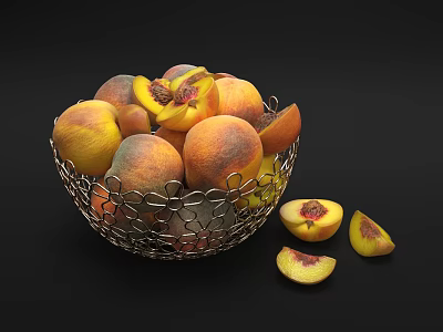 Fresh Whole and Sliced Peaches in Metal Basket on Black Background 3d model