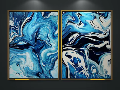 Blue White Black Abstract Paintings with Swirling Fluid Patterns in Golden Frames on Dark Wall 3d model