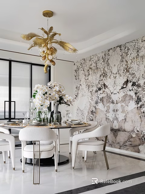 Elegant Restaurant with Round Dining Table White Chairs Marble Wall Golden Chandelier and White Orchids 3d model 