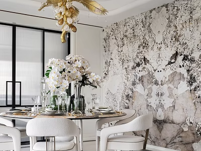Elegant Restaurant with Round Dining Table White Chairs Marble Wall Golden Chandelier and White Orchids 3d model