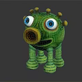Green Cartoon Creature Character With Big Blue Eyes Spiral Nose And Multiple Legs Sculpture